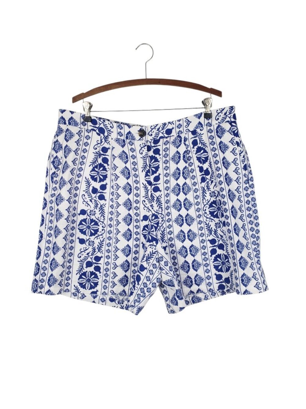Boden Dulwich Linen Shorts Blue Ornate Chino Preppy 6" Inseam US Womens 16-18